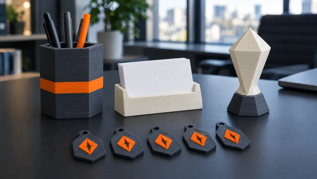 Brindes impressos em 3D sobre mesa de escritório: porta-caneta, porta-cartão, troféu e chaveiros com emblema