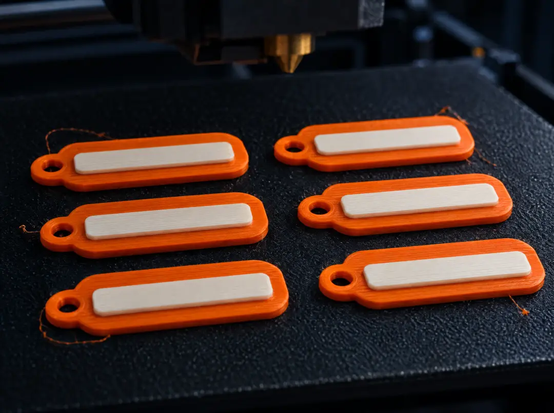 Chaveiros de nome recém-impressos, laranja e branco, na mesa da impressora 3D
