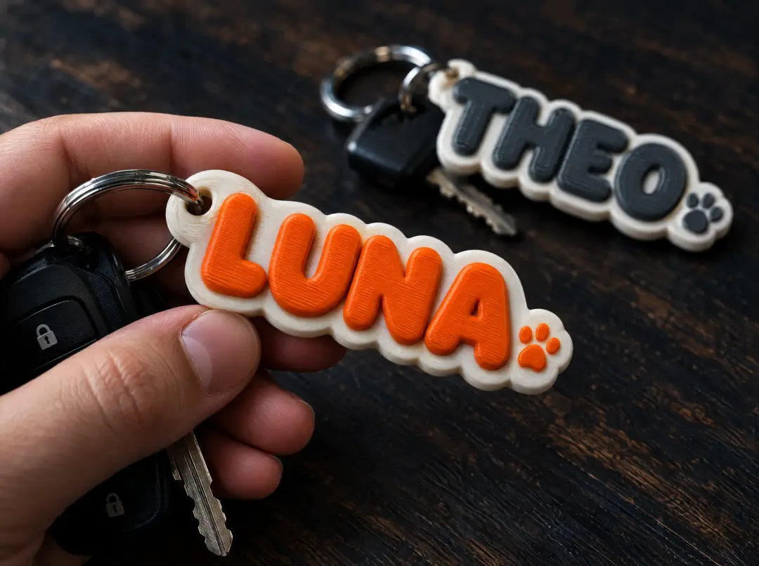 Mão segurando chaveiro laranja e branco escrito LUNA; ao fundo, outro escrito THEO