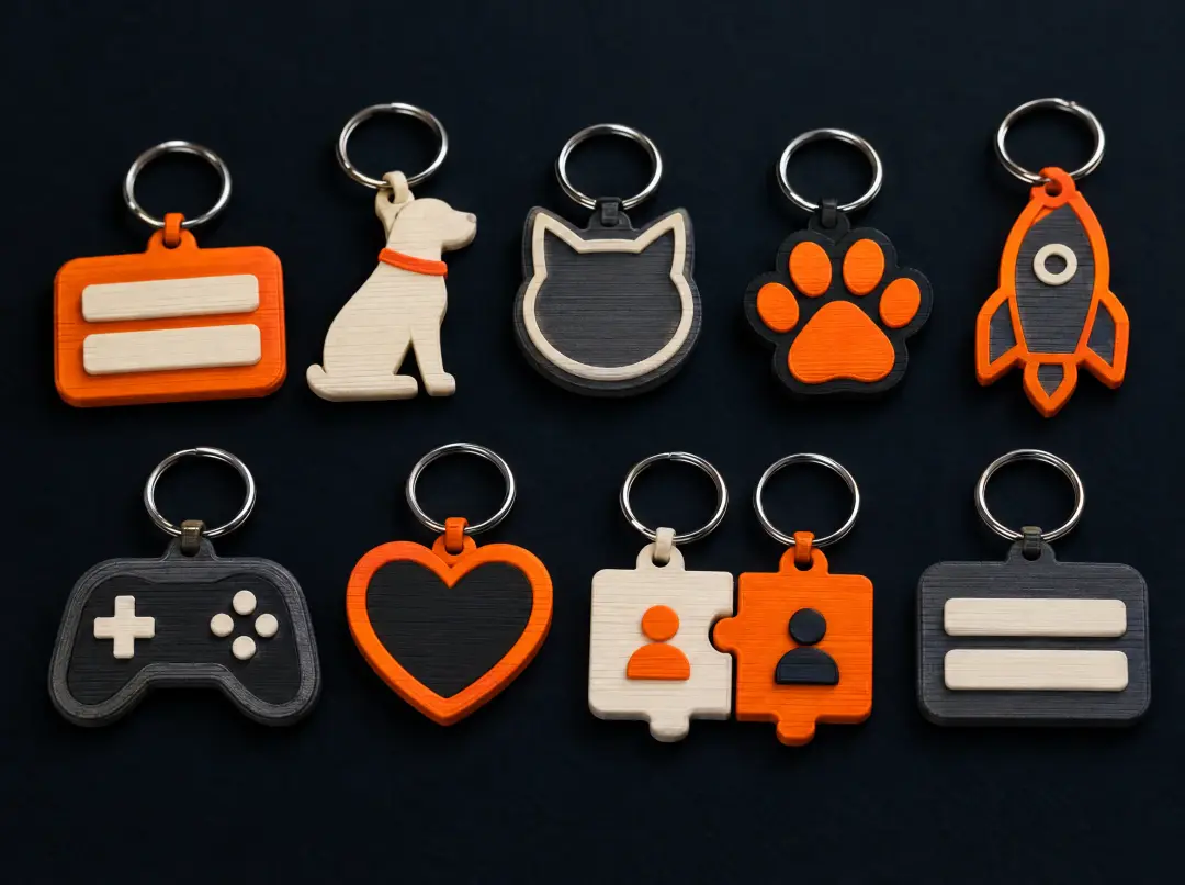 Chaveiros planos em PLA com relevo em até duas cores: nome, cachorro, gato, patinha, foguete, controle, coração e casal