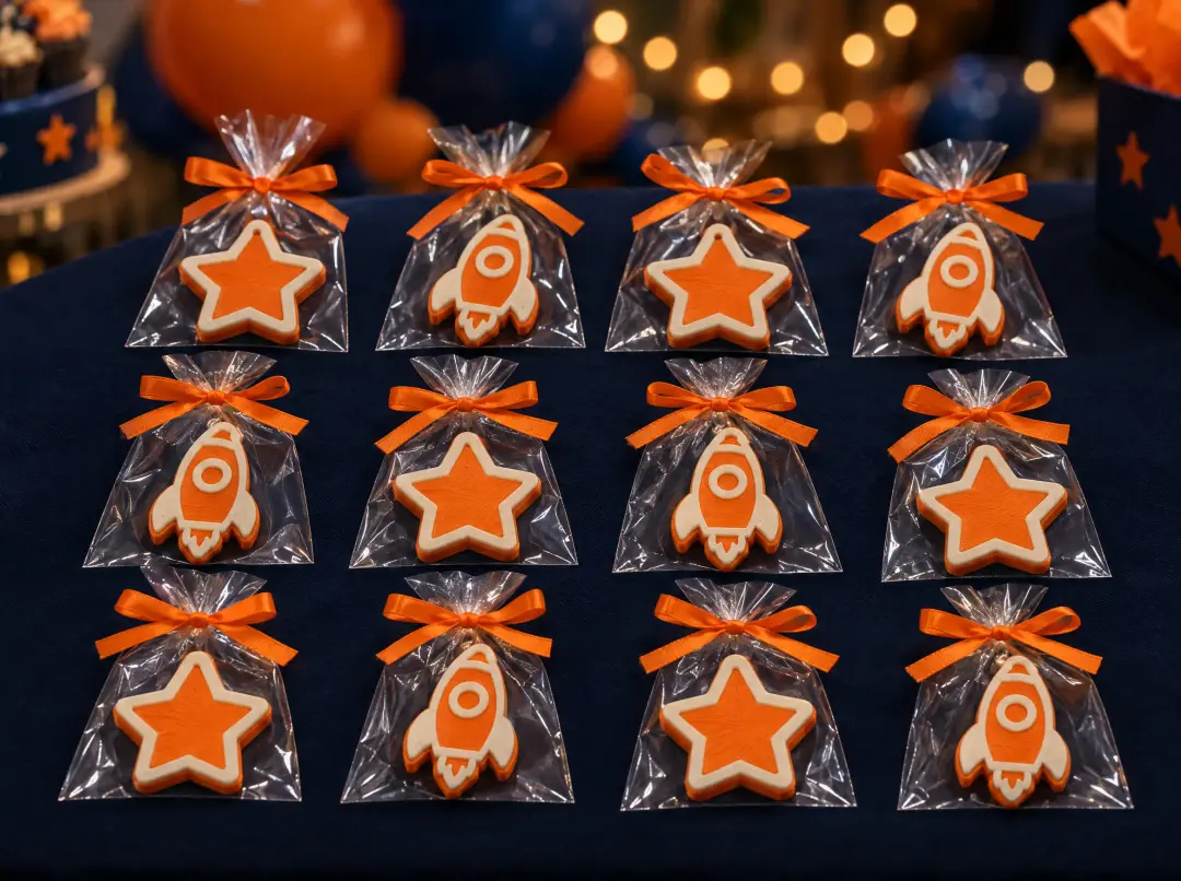 Lembrancinhas de festa: chaveiros de estrela e foguete em duas cores, em saquinhos com laço laranja