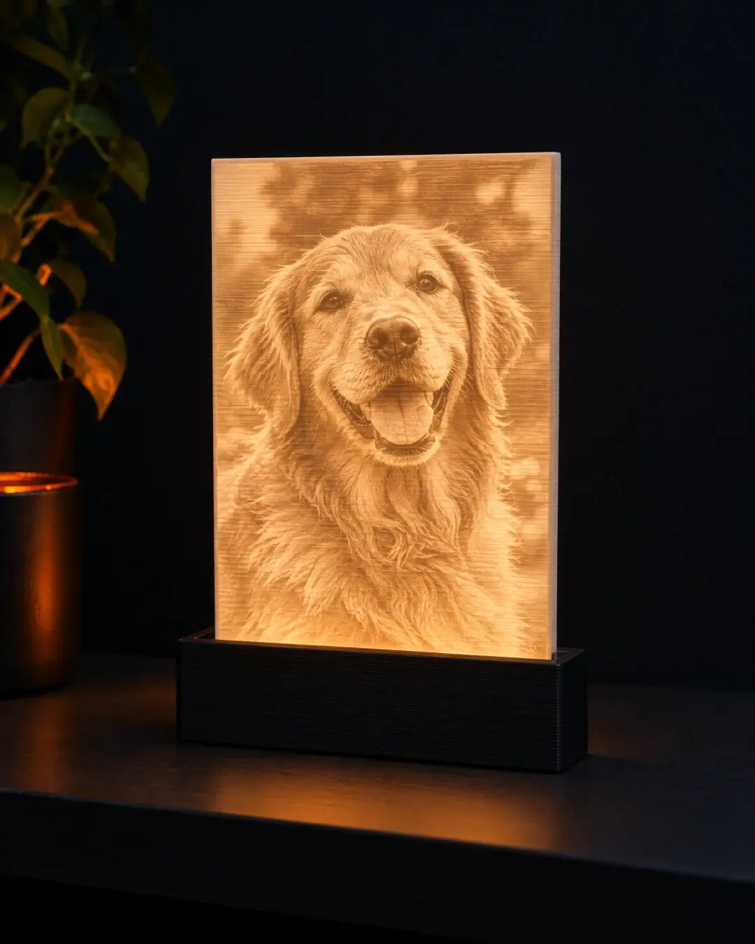 Litofania plana em retrato, acesa, com o retrato de um golden retriever